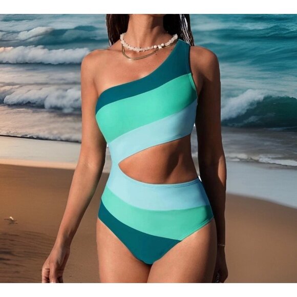 Cupshe Women XS One Shoulder Swimsuit Teal Colorblock Cutout Monokini Bathing - Picture 1 of 7